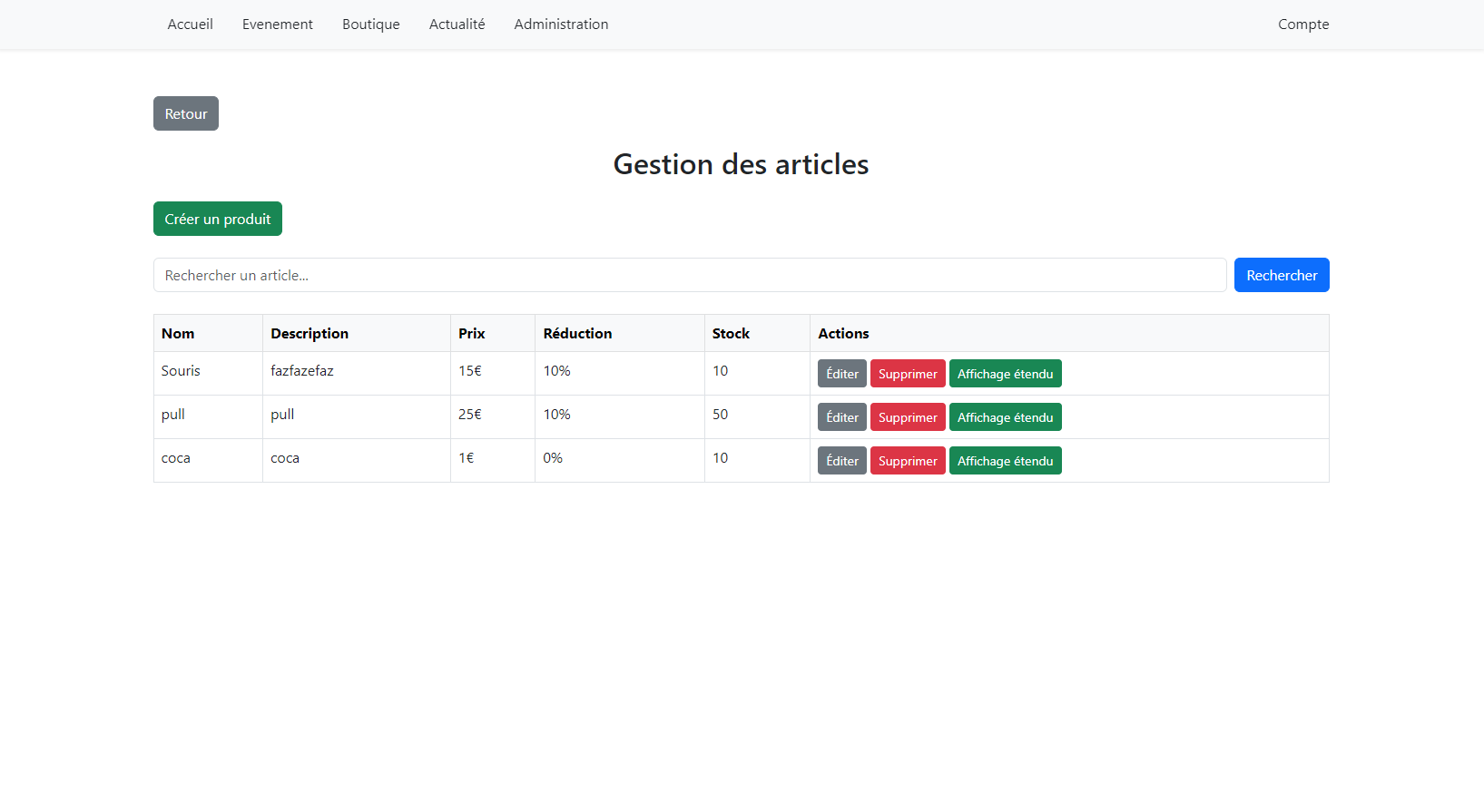 Interface de gestion de stock